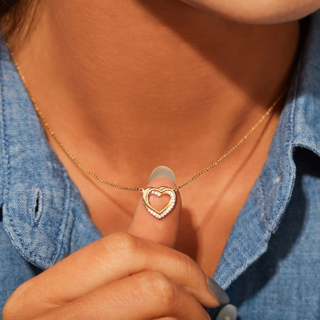 S925 Sterling Silver överlappande dubbelt ihåligt hjärta halsband för kvinnor